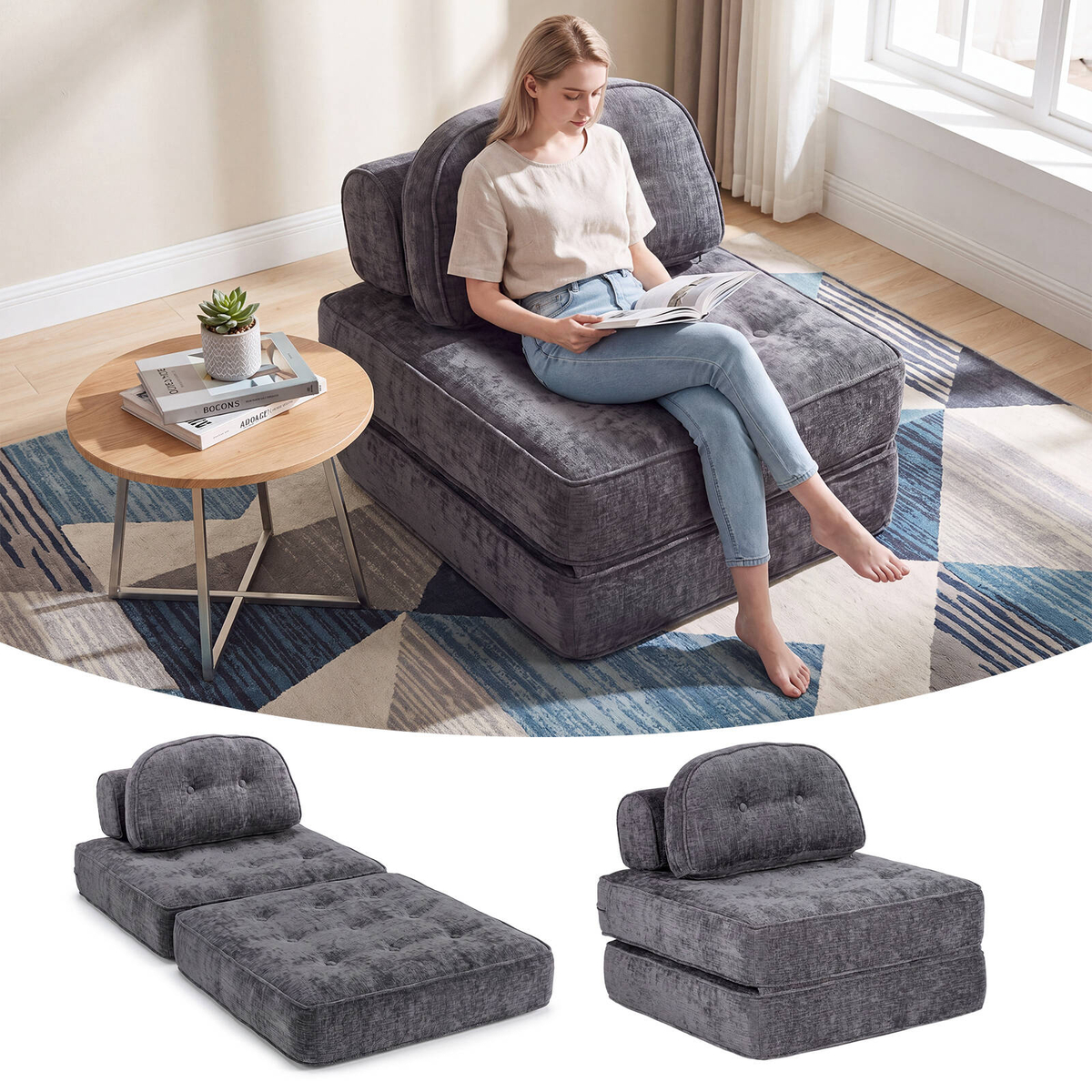 Advwin 3-in-1 Folding Sofa Bed Chenille Convertible Sleeper Couch w ...