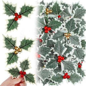 Catzon 20Pcs Artificial Holly Berries with Green Leaves for Xmas Tree