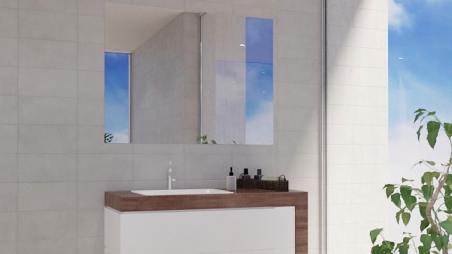 Bathroom with large mirror along with two wash basins, storage shelf and white wall tiles.