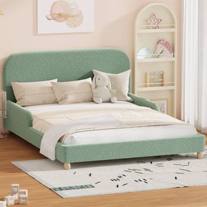 Oikiture Kids Bed Frame Double Size Side Guard Rails Boucle Green