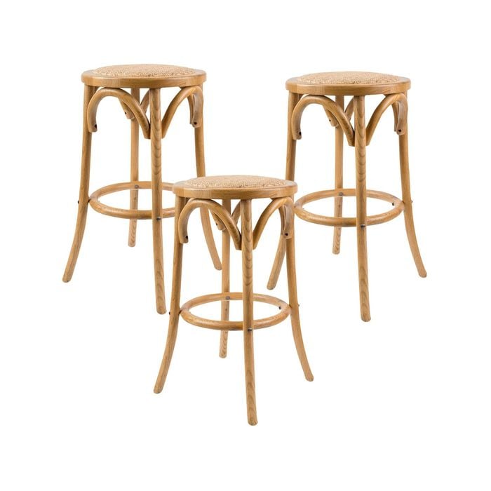 Aster 3pc Round Bar Stools Dining Stool Chair Solid Birch Wood Rattan Seat Oak