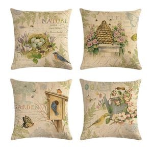Catzon 4 Pcs Nature Throw Pillow Covers Square Linen Pillowcase for Couch