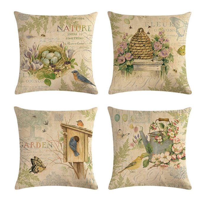 Catzon 4 Pcs Nature Throw Pillow Covers Square Linen Pillowcase for Couch