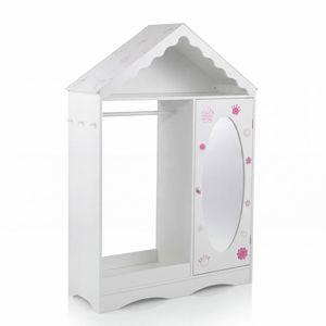Costway Mirror Clothes Rack Kid Wardrobe Shelf Hook Armoire Roofed White