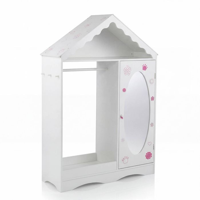 Costway Mirror Clothes Rack Kid Wardrobe Shelf Hook Armoire Roofed White