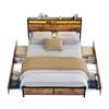 Advwin Queen Bed Frame with 4 Storage Drawers & Charging Station & RGB LED Lights Rustic Brown