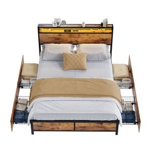 Advwin Queen Bed Frame with 4 Storage Drawers & Charging Station & RGB LED Lights Rustic Brown