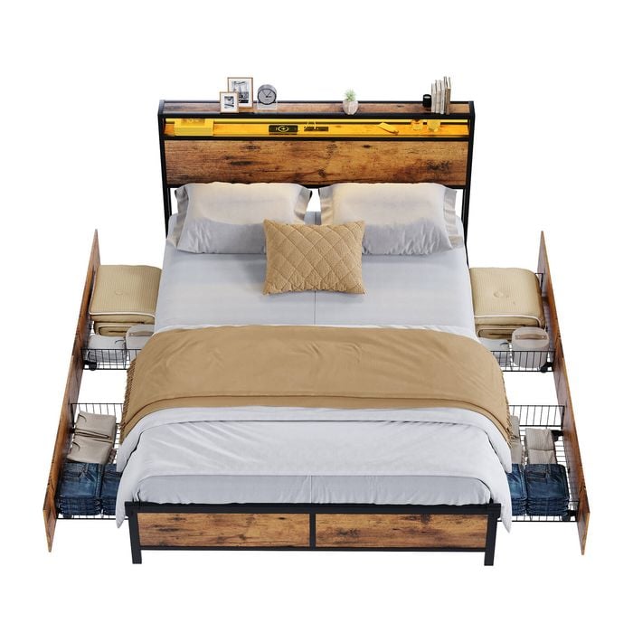 Advwin Queen Bed Frame with 4 Storage Drawers & Charging Station & RGB LED Lights Rustic Brown