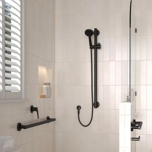 Modern bathroom with matte black fixtures for independent living
