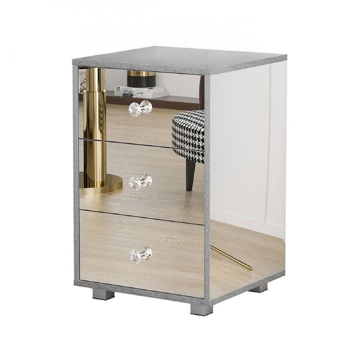 Advwin Mirrored Bedside Table 3 Drawers Mirror Side Table Nightstand Storage Caninet