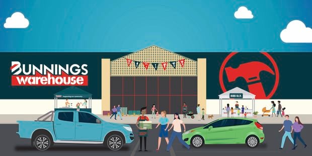 Bunnings Warehouse store illustration showing families and customers in the car park, a Kids D.I.Y. activity tent, and Bunnings team members outside the store.
