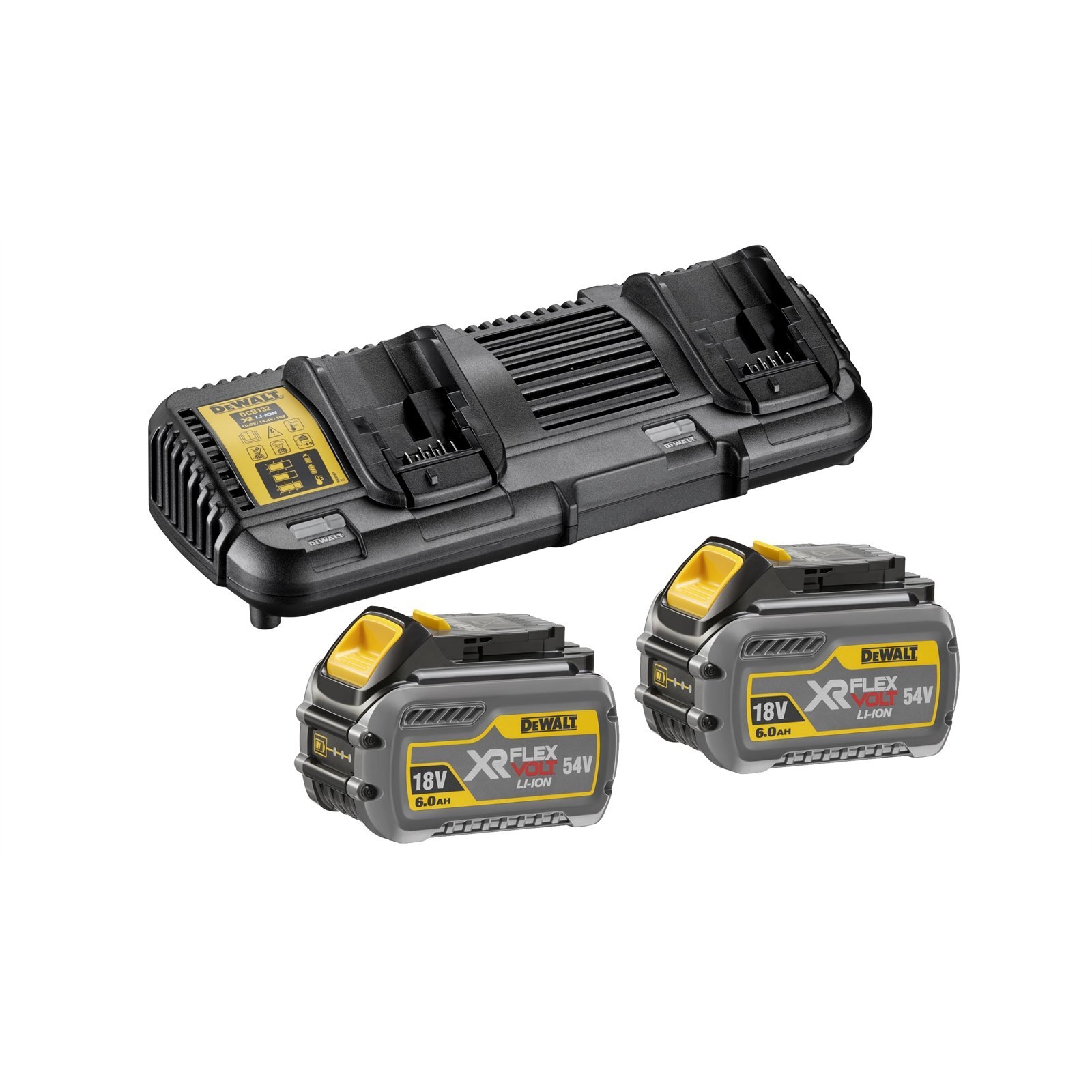 DeWALT 10.8 - 54V Flexvolt Dual Port Charger With 2 x 6.0Ah Batteries DCB132T2-XE product image