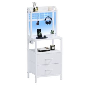 Advwin Tall Bedside Table With Charging Station And Led Lights, Nightstand With 2 Drawers White