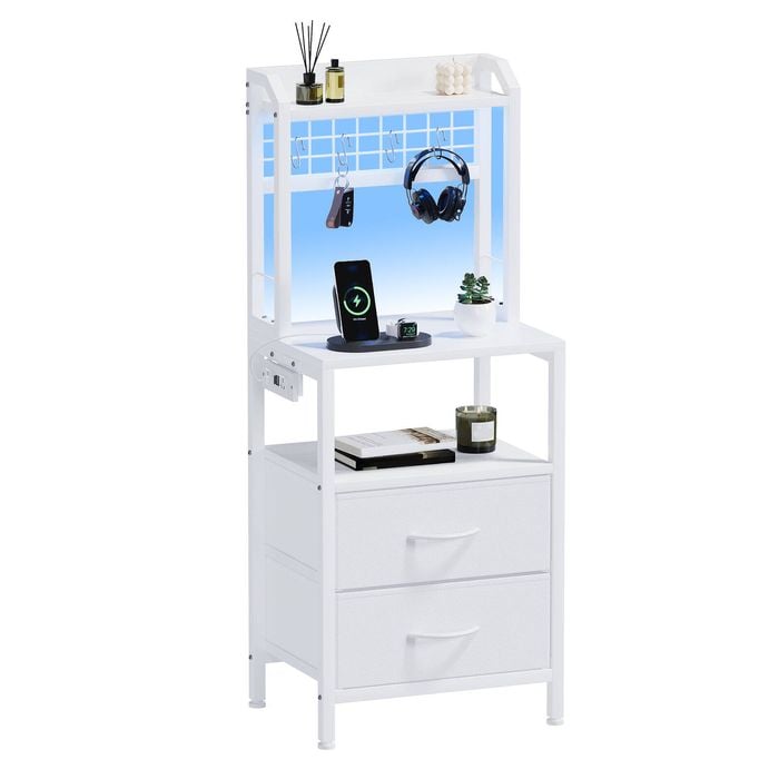 Advwin Tall Bedside Table With Charging Station And Led Lights, Nightstand With 2 Drawers White