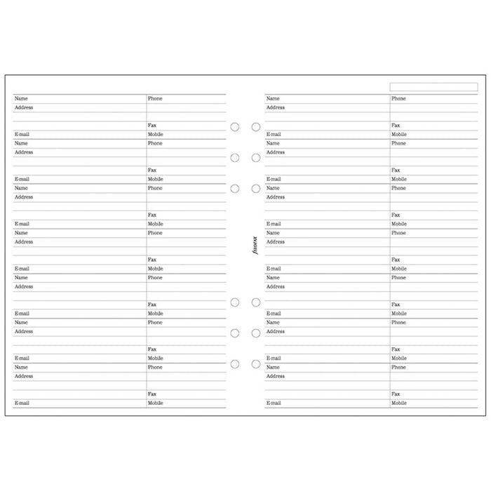 Filofax A5 Name Address Email Phone/fax Contact Memo Inserts Organiser Refill