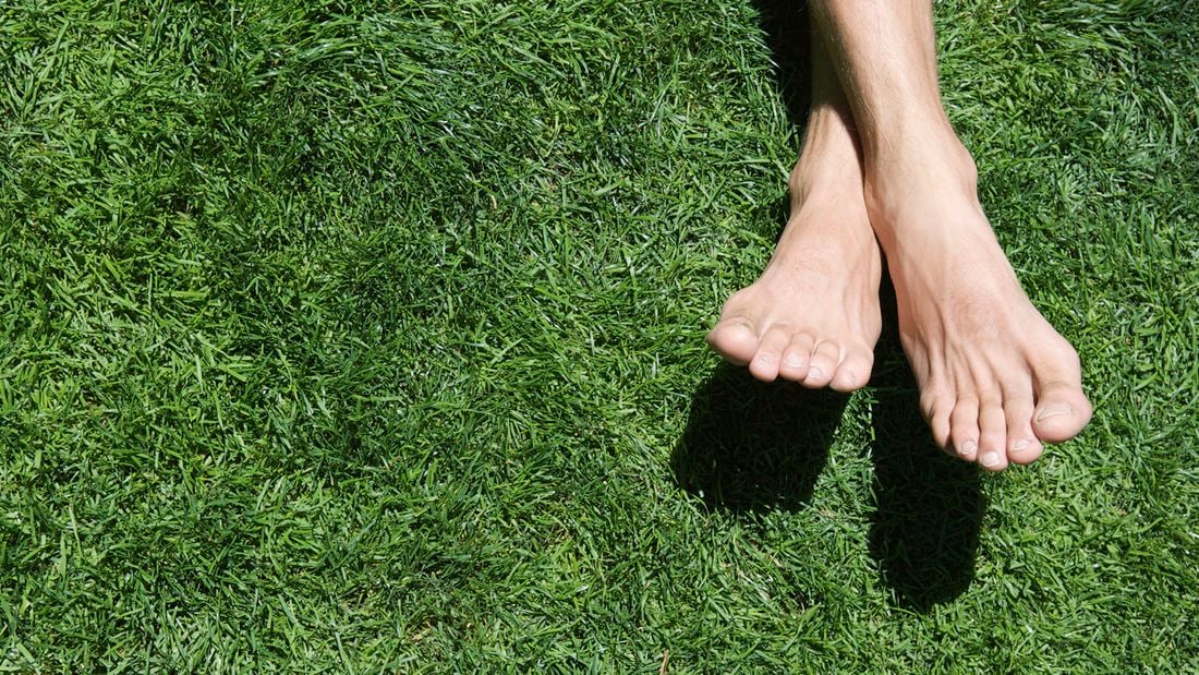 Bare feet on lush green grass.