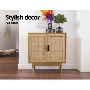Homfur Boho Rattan Sideboard Cabinet With Shelves, Natural Finish For Kitchen Dining Living Room