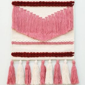 Handwoven Woollen Wall Hanging - Ad009 - Ivory/pink - 50x90cm