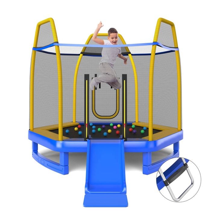 Costway 7FT Round Trampoline Kids Bouncer Jumping Rebounder w/Slide Ladder