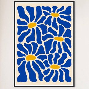 Galrie Vibrant Blue Flowers - Matisse Inspired Abstract Art Print for Home Decor, Black Frame, A1 60 x 84cm (23 x 33inch)