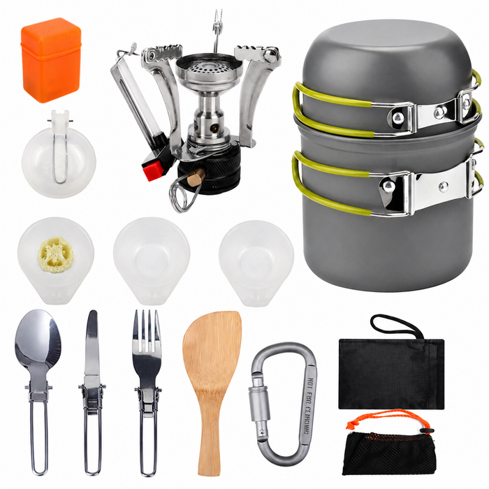Provecta 15PC Portable Camping Cookware Set Hiking Cooking Pots Mini Stove Tableware Kit Green