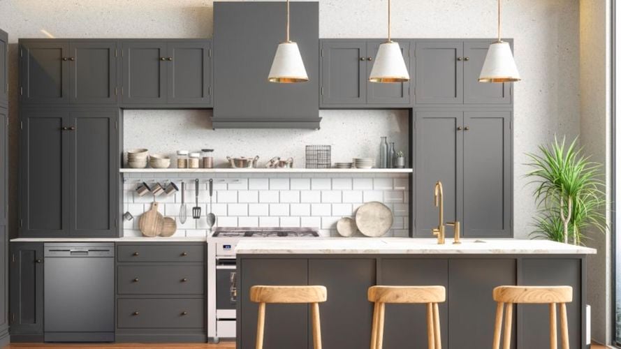 Grey and white kitchen with Stainless Steel Freestanding/Built under Dishwasher, Dual Fuel Stainless Steel Freestanding Electric Oven with Gas Cooktop and  Undermount Rangehood