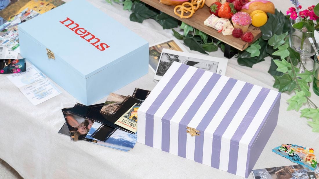 Decorated memory boxes featuring painted base colours, patterns and lettering to store photos, tickets and keepsakes.
