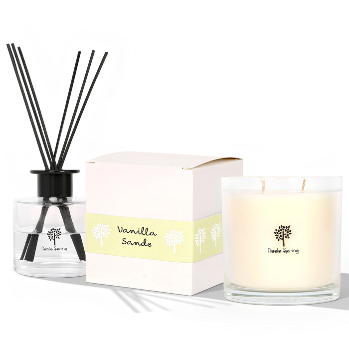 Nicola Spring Soy Wax Scented Candle & Reed Diffuser Set - Vanilla Sands - 400g Candle 45 Hour Burn & 200ml Diffuser