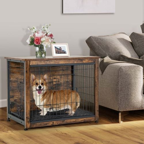 Costway Wooden Dog Cage Furniture Pet Kennel 2 Doors Puppy House w Tray Side End Table Brown Bunnings Australia