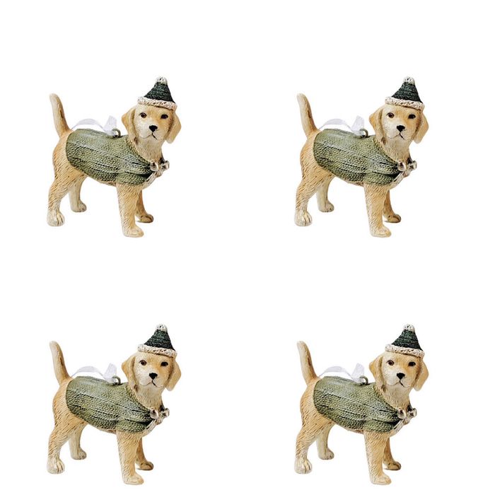 4PK Urban Christmas Puppy Dog Hanging Tree Decoration 8cm Sage/Beige