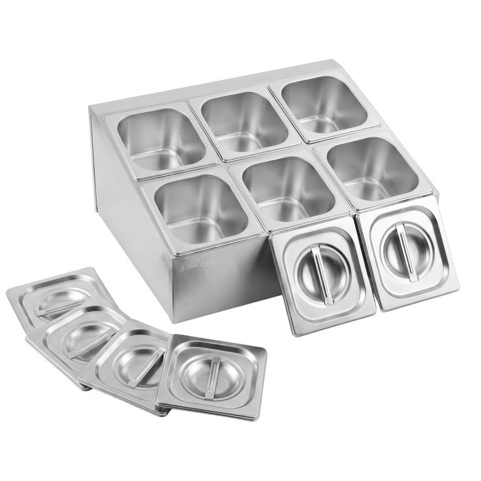 5-Star Chef 6 Compartment Food Serving Display Container Station Stainless Steel Lids