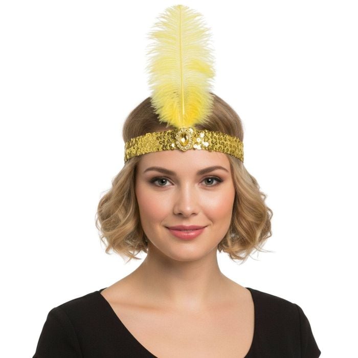 1920s FLAPPER HEADBAND Headpiece Feather Sequin Charleston Costume Gatsby Dance Yellow