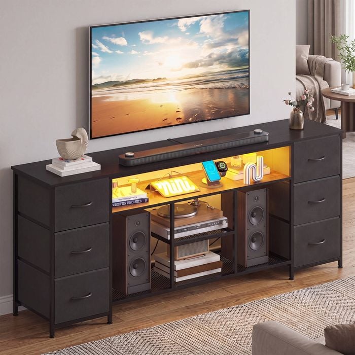 Advwin 160cm LED TV Unit Cabinet w/ Power Outlets Entertainment Center TV Stand w/ 6 Drawers & Open Shelf Black