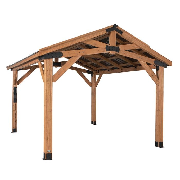 Backyard Discovery Norwood 4.3m x 3.7m Cedar Wood Outdoor Patio Gazebo with Hardtop Galvanised Steel Peak Roof and PowerPort