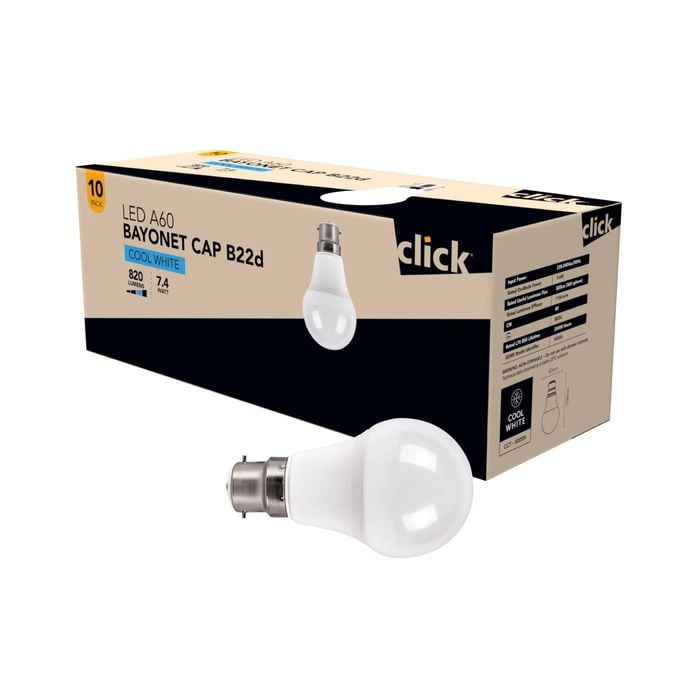 Click A60 BC LED 810lm Cool White 7.4W Globe - 10 Pack