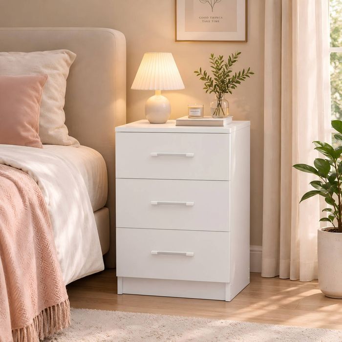Advwin Bedside Table 3 Drawers White 66cm Height Nightstand Storage Cabinet