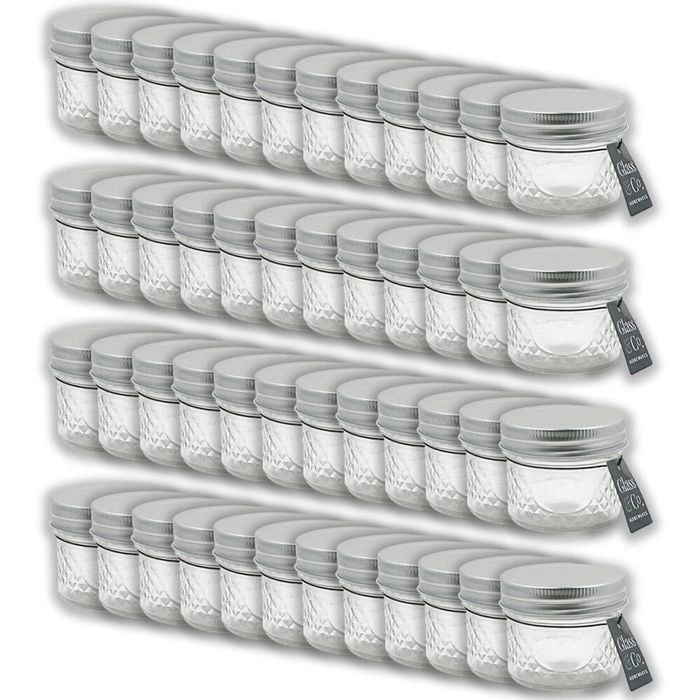 48PK Glass & Co Cleo Round Silver Lid Quilted Preserving Jar 130ml Clear