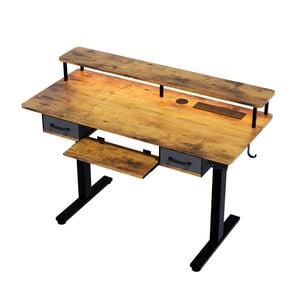 Ufurniture Electric Standing Desk with Power Outlets LED Light Keyboard Tray Monitor Stand Rustic Brown