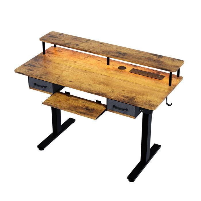 Ufurniture Electric Standing Desk with Power Outlets LED Light Keyboard Tray Monitor Stand Rustic Brown