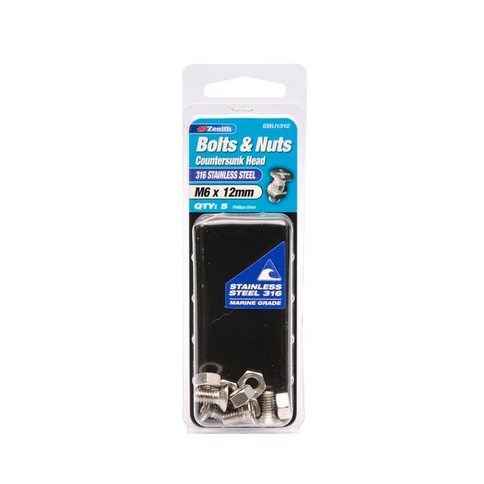 Zenith Bolt & Nut M 6x 12mm CSK Head SS316  5pk