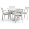 Avoca Outdoor Square Pedestal Aluminium Dining Table White With Santorini Chairs & Olefin Grey Cushions