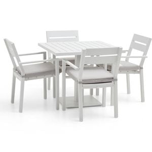 Avoca Outdoor Square Pedestal Aluminium Dining Table White With Santorini Chairs & Olefin Grey Cushions