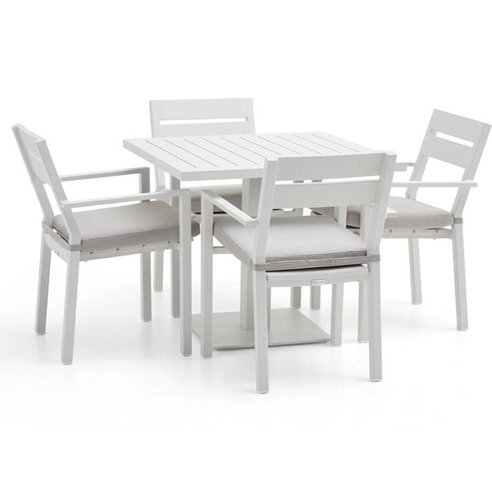 Avoca Outdoor Square Pedestal Aluminium Dining Table White With Santorini Chairs & Olefin Grey Cushions