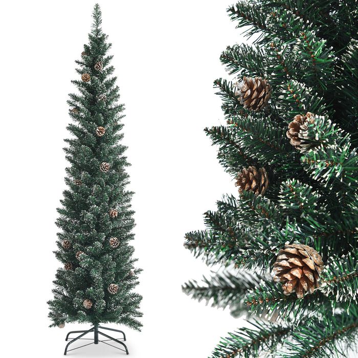 Costway 1.8M Slim Pencil Christmas Tree Pre-Decorated Xmas Tree Pine Cones