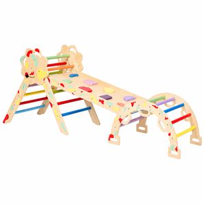 Ufurniture Climb Playset Kids Climbing Frame Wood Rocking Arch Slide Set w/Double Sided Ramp
