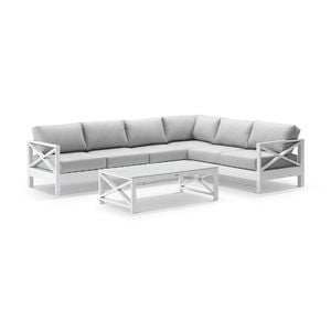 Kansas Outdoor Aluminium Corner Modular Lounge Set White With Coffee Table & Textured Olefin Grey Cushions
