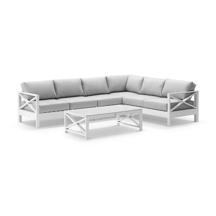Kansas Outdoor Aluminium Corner Modular Lounge Set White With Coffee Table & Textured Olefin Grey Cushions