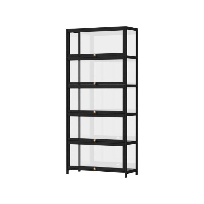 Oikiture Display Cabinet Bamboo Storage 5-Tier Shelves Clear Black