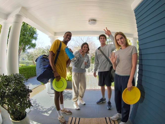 Brand page - Ring - Wired Video Doorbell Pro (3rd Gen) - Lifestyle Pov Friends Frontdoor Frisbee