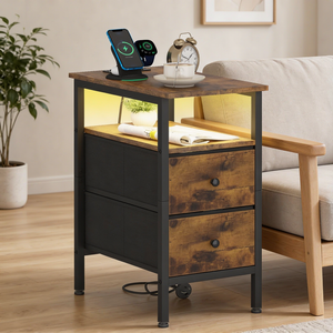Ufurniture Side Table w/ Charging Station Narrow LED Bedside End Table w/ Storage Drawer & Shelf Walnut